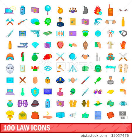 100 law icons set, cartoon style 33057476