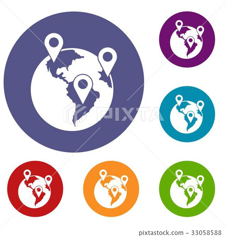 Globe and map pointers icons set 33058588