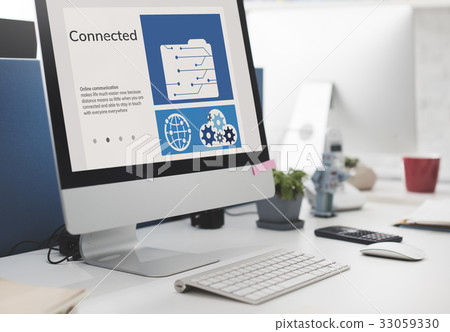 Network connection graphic overlay background on computer screen 33059330