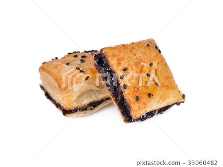 crispy pie with black sesame on white background crispy pie with black sesame on white background 33060482