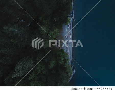 Aerial shot of kayaks and campsite Aerial shot of kayaks and campsite 33063325