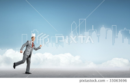 King businessman in elegant suit running and blue cityscape silhouette at background King businessman in elegant suit running and blue cityscape silhouette at background 33063696