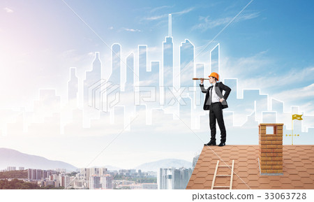 Engineer man standing on roof and looking in spyglass. Mixed media 33063728