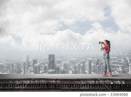 Concept of careless happy childhood with girl of school age look Concept of careless happy childhood with girl of school age look 33064090
