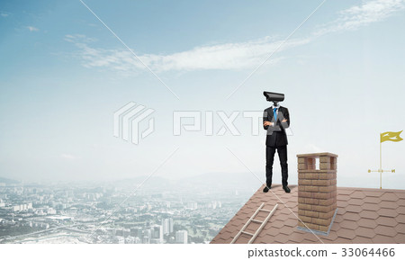 Concept of home security and privacy protection with camera headed man Concept of home security and privacy protection with camera headed man 33064466