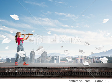 Concept of careless happy childhood with girl exploring this world Concept of careless happy childhood with girl exploring this world 33064999