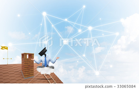 Concept of security and privacy protection with camera headed man meditating Concept of security and privacy protection with camera headed man meditating 33065084