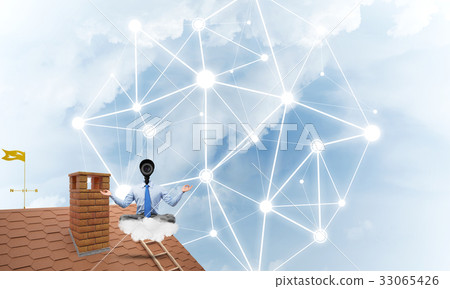 Concept of security and privacy protection with camera headed man meditating Concept of security and privacy protection with camera headed man meditating 33065426