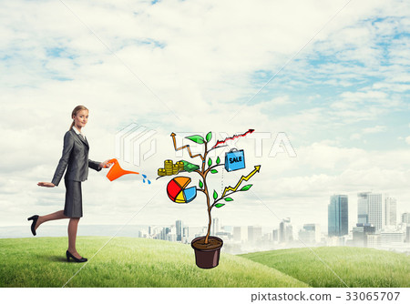 Young businesswoman outdoors watering drawn growth concept with can Young businesswoman outdoors watering drawn growth concept with can 33065707