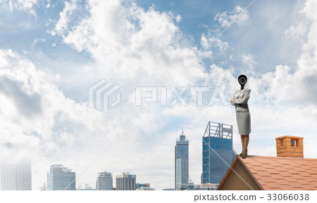 Concept of home security and privacy protection with camera headed woman 33066038