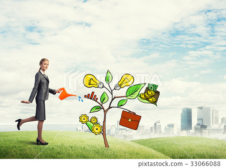 Young businesswoman outdoors watering drawn growth concept with can 33066088