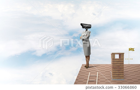 Concept of security and privacy protection with camera headed woman Concept of security and privacy protection with camera headed woman 33066860