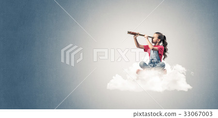 Concept of careless happy childhood with girl dreaming about fut Concept of careless happy childhood with girl dreaming about fut 33067003