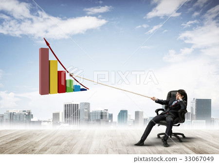 Man pulling with effort big pulling rope graph, as a symbol of financial growth 33067049