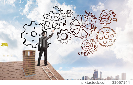 Mister boss on brick roof standing with back and draw teamwork concept. Mixed media Mister boss on brick roof standing with back and draw teamwork concept. Mixed media 33067144