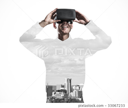 Guy wearing checked shirt and virtual mask demonstrating some em Guy wearing checked shirt and virtual mask demonstrating some em 33067233