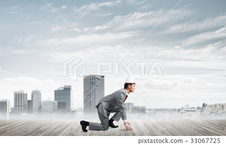 King businessman in elegant suit running and modern cityscape at background King businessman in elegant suit running and modern cityscape at background 33067725
