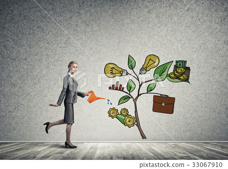 Young businesswoman in empty room watering drawn growth concept with can Young businesswoman in empty room watering drawn growth concept with can 33067910