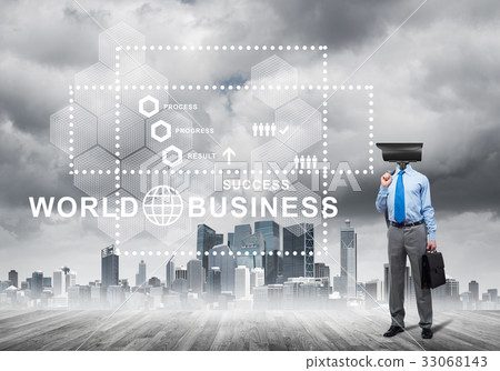 Camera headed man standing on wooden floor against modern cityscape Camera headed man standing on wooden floor against modern cityscape 33068143