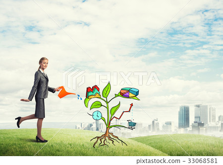 Young businesswoman outdoors watering drawn growth concept with can Young businesswoman outdoors watering drawn growth concept with can 33068581