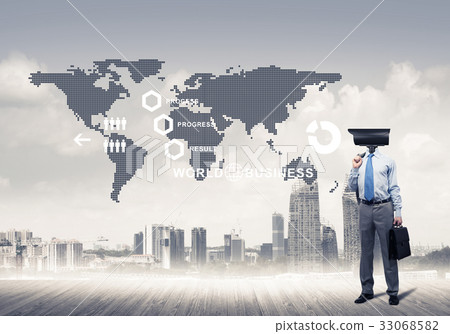 Camera headed man standing on wooden floor against modern citysc Camera headed man standing on wooden floor against modern citysc 33068582