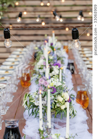 Glasses on the festive table setting. Wedding 33068909