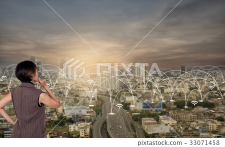 women looking city and social network connection 33071458