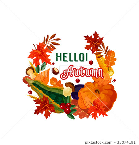 Hello autumn poster of fall leaf and vegetable - Stock Illustration ...