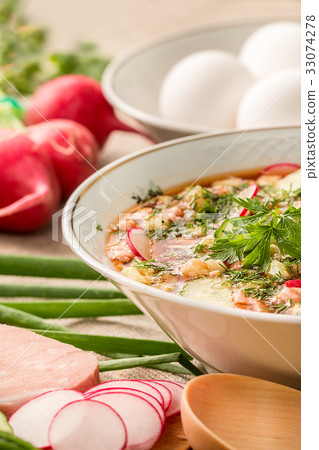 Summer  cold soup with radish, cucumber, and dill 33074278