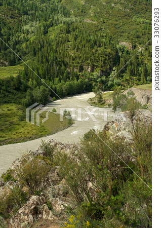 Beautiful sunny valley between mountains with lush Beautiful sunny valley between mountains with lush 33076293
