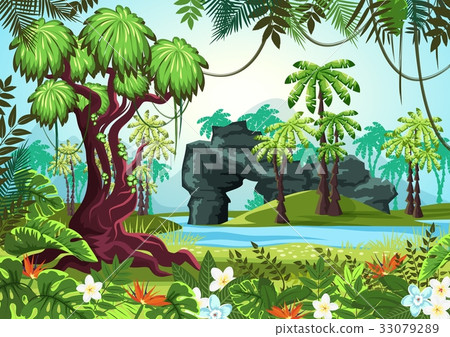 Tropical wood, jungle forest with palms and river Tropical wood, jungle forest with palms and river 33079289
