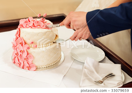 Bride and groom cutting their wedding cake 33079659