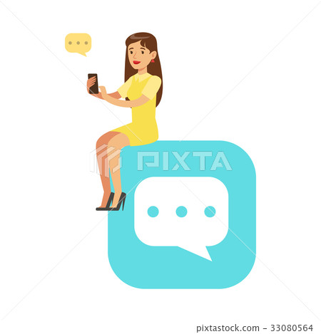 Young woman sitting on a big mobile app symbol and 33080564
