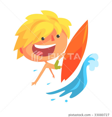 Boy surfing on a big wave cartoon character vector 33080727