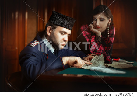 Man in retro clothing shaped reading manuscript. Man in retro clothing shaped reading manuscript. 33080794