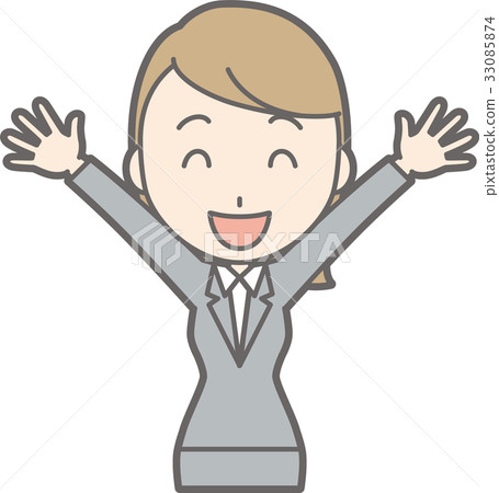 Illustration of a young woman in a suit laughing with her hands open 33085874