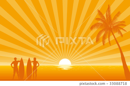 Silhouette surfer on beach with sun shine ray 33088718