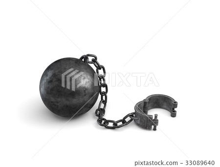 3d rendering of a large black ball and chain 33089640
