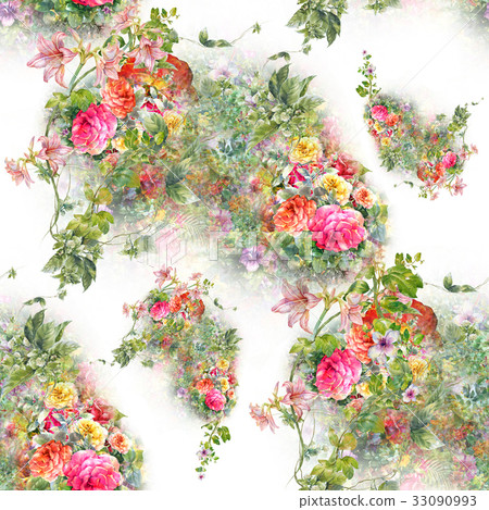 Watercolor painting of leaf and flowers, pattern Watercolor painting of leaf and flowers, pattern 33090993