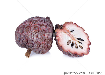 whole and half cut ripe custard apple (red skin) whole and half cut ripe custard apple (red skin) 33092055