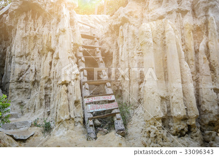 Wood stair in cave with sunlight. Wood stair in cave with sunlight. 33096343