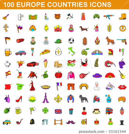 100 europe countries icons set, cartoon style 100 europe countries icons set, cartoon style 33101544