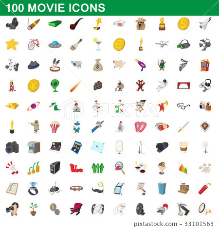 100 movie icons set, cartoon style 33101563