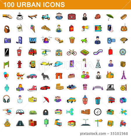 100 urban icons set, cartoon style 100 urban icons set, cartoon style 33101568