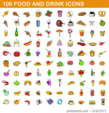 100 food and drink icons set, cartoon style 100 food and drink icons set, cartoon style 33101571