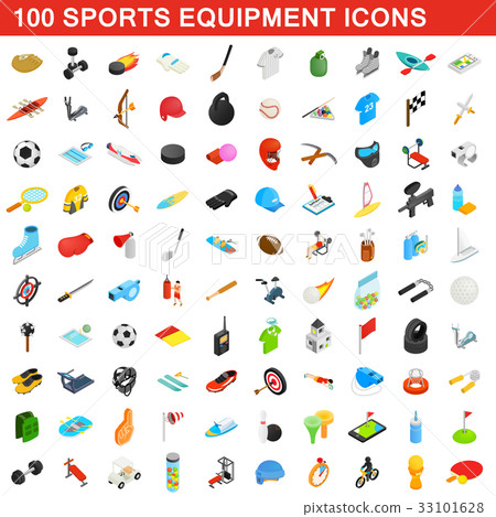100 sports equipment icons set, isometric 3d style 33101628