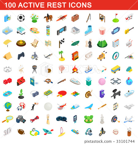 100 active rest icons set, isometric 3d style 33101744