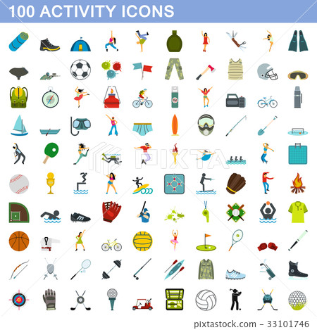 100 activity icons set, flat style 33101746