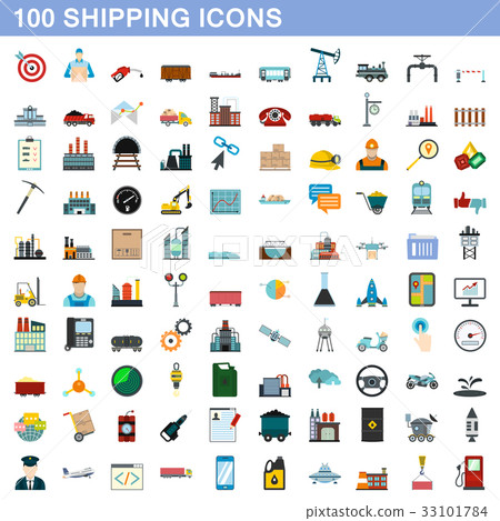 100 shipping icons set, flat style 33101784