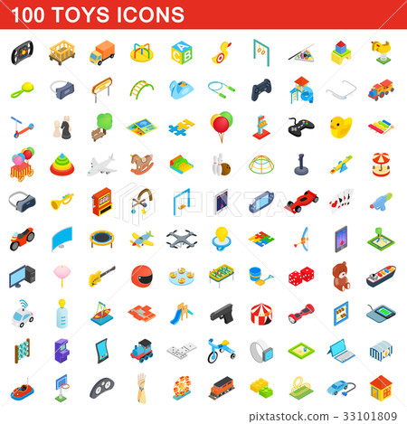 100 toys icons set, isometric 3d style 33101809